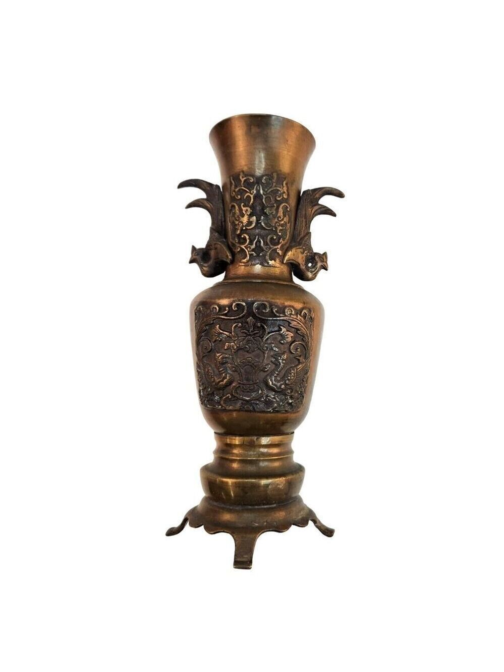 Antique Bronze Vase 19th Century Chinese Peacock Handled Altar Vase 9.5 Tall